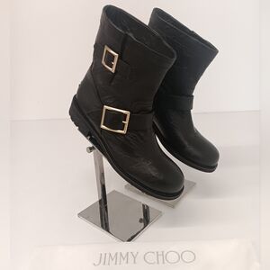 Jimmy Choo Women's Youth Buckled Crinkled Black Leather Moto Boots